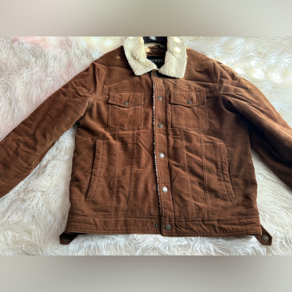 Guess Men's Brown Jacket with Shearling Collar